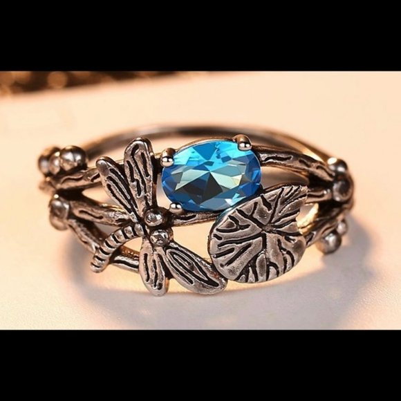 Vtg Style Dragonfly Aquamarine Ring sz 6 - Picture 4 of 12